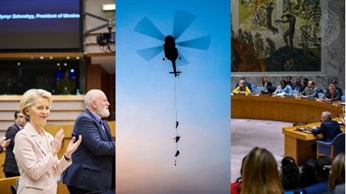 Fotomontasje med EU-ledere, et helikopter og sikkerhetsrådet i FN