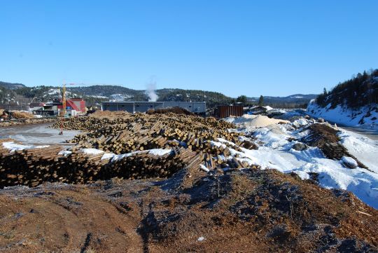 Bergene Holms sagbruk på Jordøya i Åmli kommune. Tilgrensede områder er nå tilrettelagt med ny gjennomgangsvei og mulighet for gjennomgående jernbanespor.