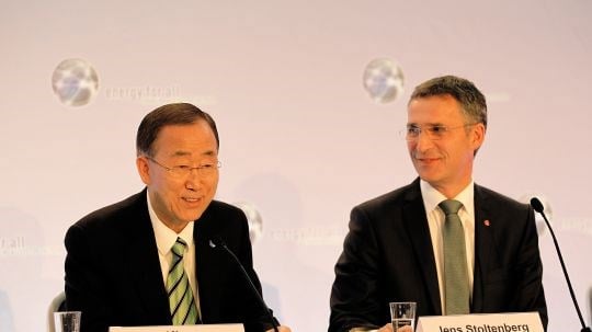 : UN Secretary-General Ban Ki-moon and Norwegian Prime Minister Jens Stoltenberg during the launch of Energy  in 2011 
