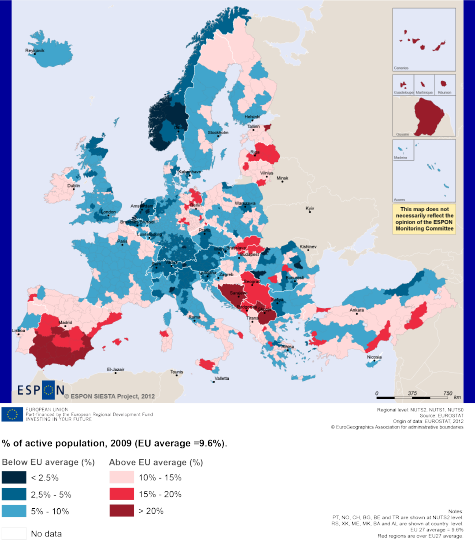 Ungdomsledigheten i Europa fortsetter å være et alvorlig problem, og atlaset viser store forskjeller mellom ulike regioner. Foto: © EPSON SIESTA project, 2012, EUROPEAN UNION  