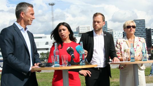 Lansering av det nye kulturløftet 11. august 2013. Statsminister Jens Stoltenberg, statsråd Hadia Tajik, SV-leder Audun Lysbakken og statsråd Liv Signe Navarsete. 