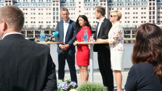 Lansering av det nye kulturløftet 11. august 2013. Statsminister Jens Stoltenberg, statsråd Hadia Tajik, SV-leder Audun Lysbakken og statsråd Liv Signe Navarsete.