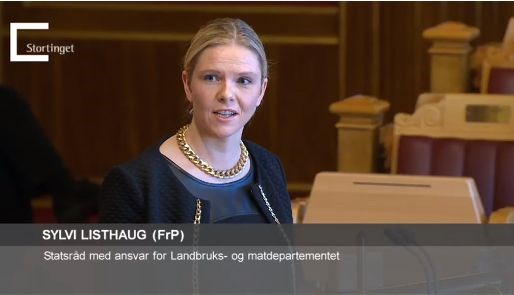 Landbruks- og matminister Sylvi Listhaug under spørjetimen på Stortinget i dag. 