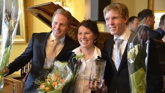 Kristian Myhre Hellerud (ledsager til Eirik Bye), Mariann Vestbøstad Marthinsen og Eirik Bye på Regjeringens OL-mottakelse 4. april 2014. 