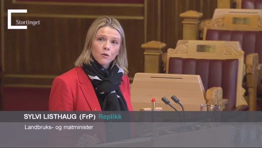 Landbruks- og matminister Sylvi Listhaug på Stortinget i dag. 