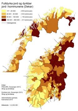 Kart over fulldyrka og dyrkbar jord i Norge.