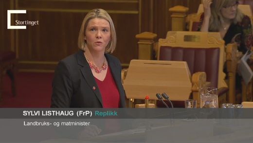 Landbruks- og matminister Sylvi Listhaug under budsjettdebatten på Stortinget i dag