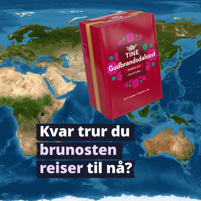 Brunost med ben og koffert. I bakgrunn verdenskartet.