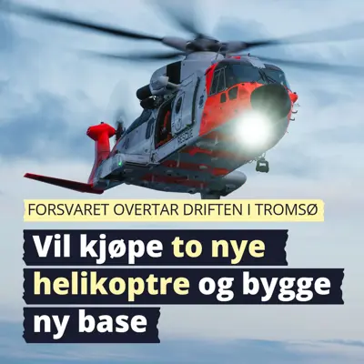 Oransje og hvitt redningshelikopter i lufta med sterkt lys i snuta.