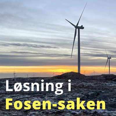 Landskapsbilde fra Nord Fosen. Solnedgang og vindturbin.