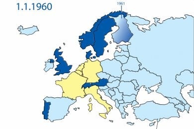 Efta-landene i mørkeblått, EF-landene i gult. Foto: Efta-sekretariatet