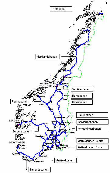 [Kart med oversikt over de forskjellige toglinjene i Norge]