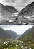 Lærdalsøyri før og nå.Foto 1880-90: Axel Lindahl © Norsk Folkemuseum. Foto 2004: Oskar Puschmann © NIJOS