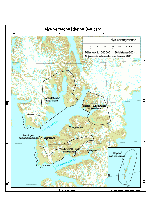 Kart over nye verneområder på Svalbard.