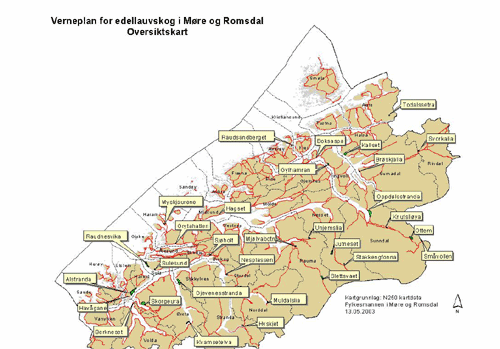 Kart over verneområder for edelløvskog