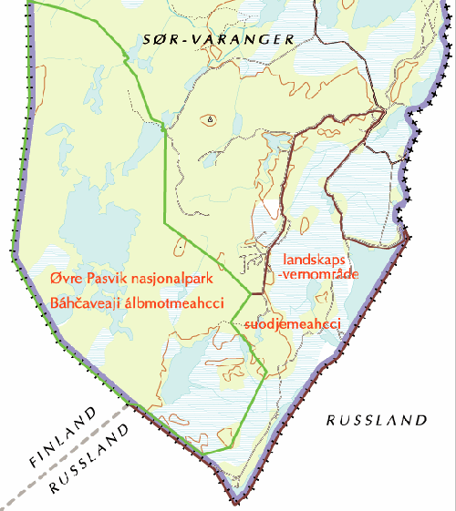Kart over Øvre Pasvik Nasjonalpark