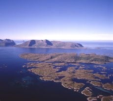 Måsvær naturreservat (i forgrunnen) er et viktig hekkeområde for en rekke fuglearter. I bakgrunnen Grøtøya som er en del av Nordkvaløy-Rebbenesøy landskapsvernområde.Foto: Ola Røe.