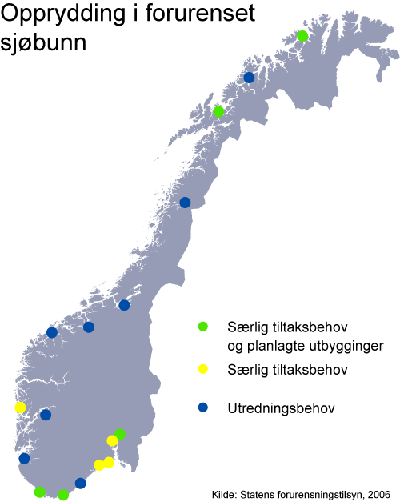 Oversiktskart over opprydding av forurenset sjøbunn.
