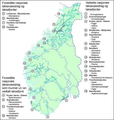 Kart over foreslåtte verneområder for villaks i Sør-Norge