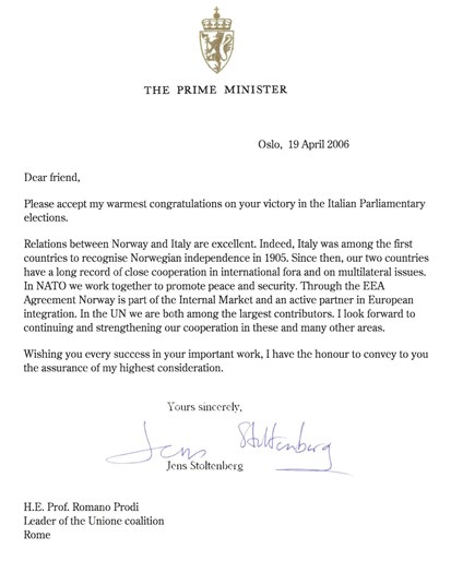 Prime Minister Stoltenbergs message of congratulations to Prodi