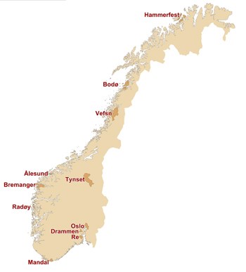 Norges-kart med markering av e-valgskommuner i 2011