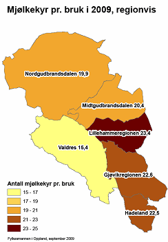 Kart: Melkekyr pr. bruk i 2009, regionvis i Oppland