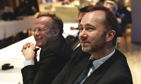 Landbruks- og matminister Lars Peder Brekk og nærings- og handelsminister Trond Giske på presskonferansen Norges ambassade Berlin, Grüne Woche 2011