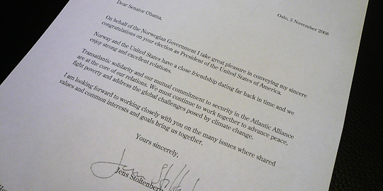 Statsministerens gratulasjonsbrev til Obama