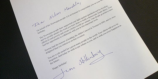 Statsministerens brev til Nelson Mandela. Foto: SMK.