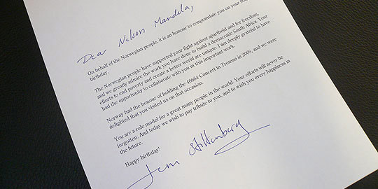 Statsministerens brev til Nelson Mandela. Foto: SMK.