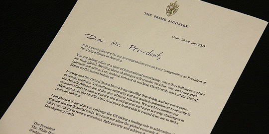 Prime Minister Stoltenberg's letter to President Obama. Photo: Office of the Prime Minister
