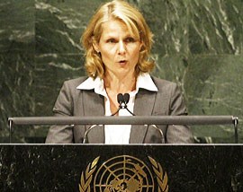 Ambassadør Tine Mørch Smith holdt Norges hovedinnlegg under Generalforsamlingen i FN i New York 29. september. Foto: UN Photo/John McIltwaine