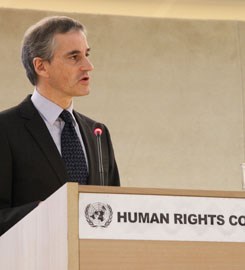 Støre holder innlegg i FNs menneskerettighetsråd i Geneve 28.02.11. Foto: F.O.Andersen, UD