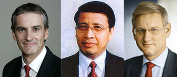 Utenriksministrene Jonas Gahr Støre (Norge), Dr. N. Hassan Wirajuda (Indonesia) og Carl Bildt (Sverige).