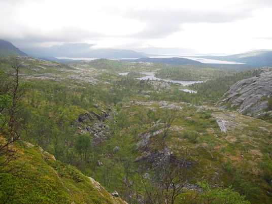 Utsikt mot Gåsevatnet fra sør. Tverrfjellet til venstre bak Gåsevatnet. Fjorden i bakgrunnen. Foto: Per Olav Aslaksen.