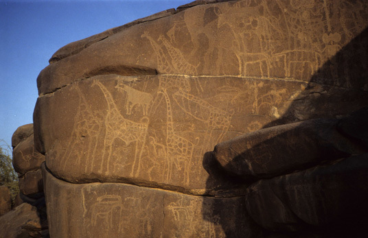 Bergkunst i Niger, i Tenéré-ørkenen, som har noen av Saharas største sanddyner. Dyrene på bildet forteller oss at dette området en gang har vært dekket av skog og vegetasjon, og at klimaet har forandret seg. Foto: Marianne Gjørv.