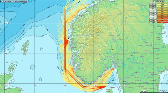 Kart som viser tankskiptrafikk langs vestlands og- sørlandskysten etter innføring av nye rutetiltak