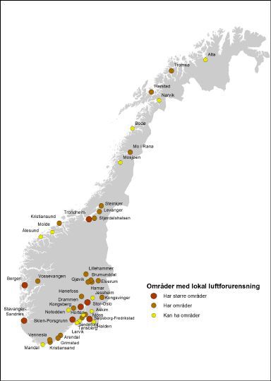 Områder med lokal luftforurensning Kilde: KLIF