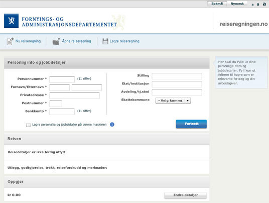 Skjermdump av åpningsbildet til det nye programmet reiseregningen.no