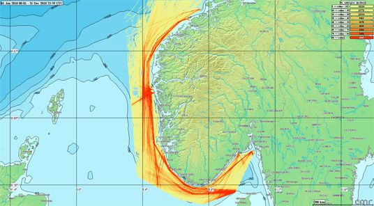 Kart som viser tankskiptrafikk langs vestlands og- sørlandskysten i 2010 (før innføring av nye rutetiltak)