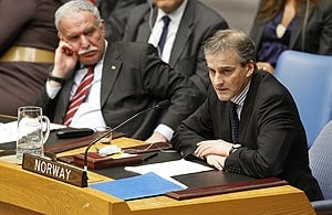 Utenriksminister Jonas Gahr Støre i FNs sikkerhetsråd under møtet om situasjonen i Midtøsten. Foto: FN/Veena Manchanda